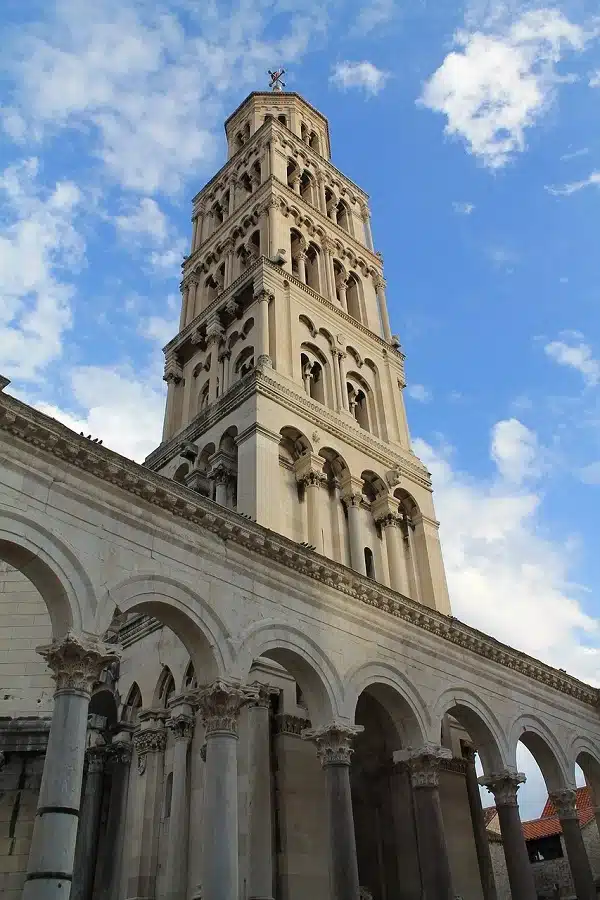The city of Split, Croatia, showing a historical tower in the center of the city.
